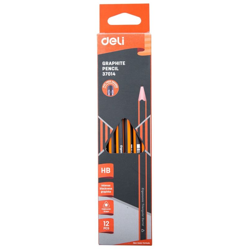 Pencils - HB (12pc) Orange/Black Triangular with Eraser Tip  - Deli