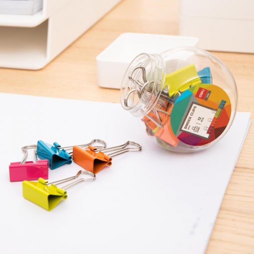 Foldback Binder Clips - 25mm (12pc) in Jar - Bright Colours - Deli