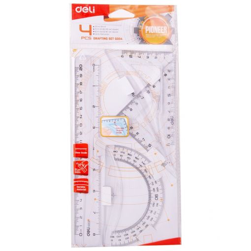 Drafting Set 4 pcs Transparent Ruler 20cmSet squares:11cm 30/60/90 8cm 45/45/90 Protractor 12cm Hangpack - Deli