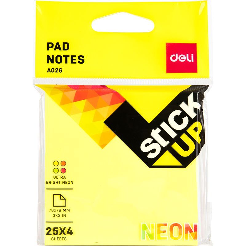 Pad Notes 76x76mm 4x25 Sheets Asst Colours Bag 100 sheets - Deli