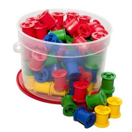 Cotton Reels (100pc) with 2 x smiley faces & 8x Laces in Container