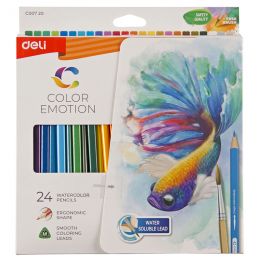 Colour Pencils - 3mm (24pc + Brush) Triangular - Water Colored - Deli