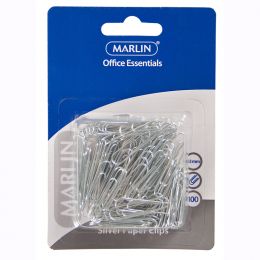 Marlin Office Essentials Silver paper clips 33mm 100's blister card