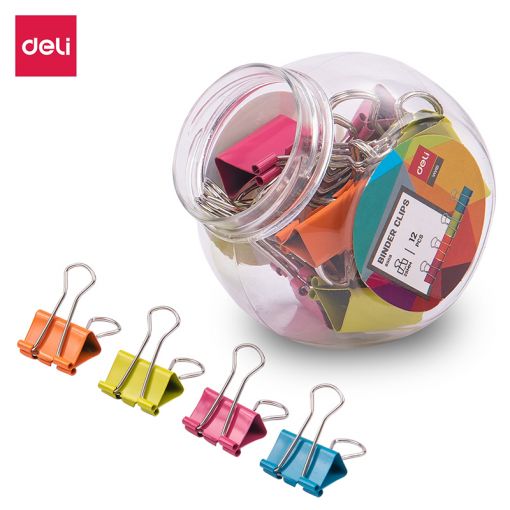 Foldback Binder Clips - 25mm (12pc) in Jar - Bright Colours - Deli