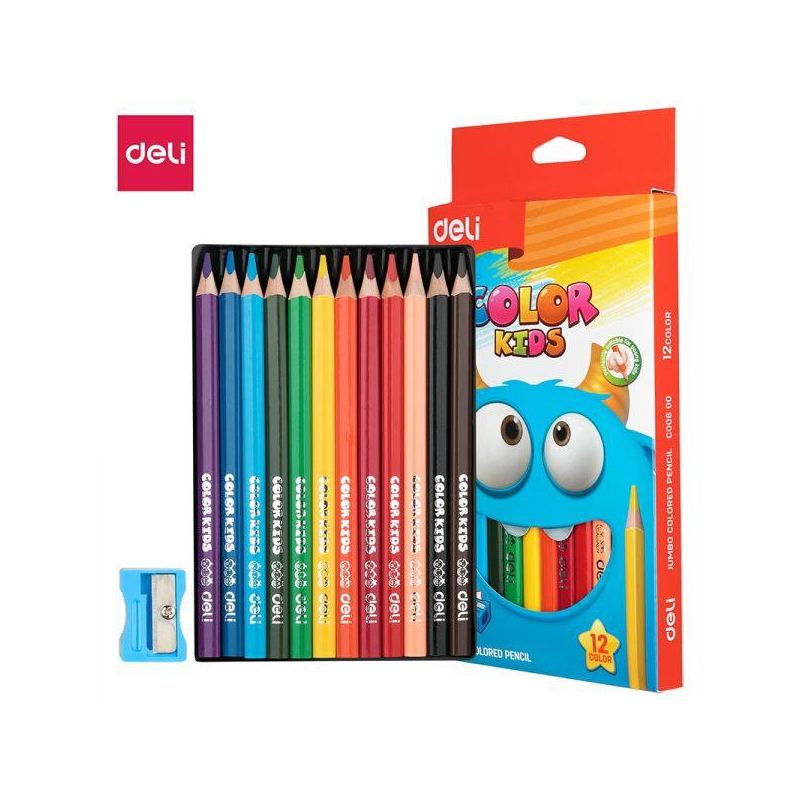 Colour Pencils - 10mm (12pc) Jumbo Triangular, 5mm lead and Sharpener - Deli