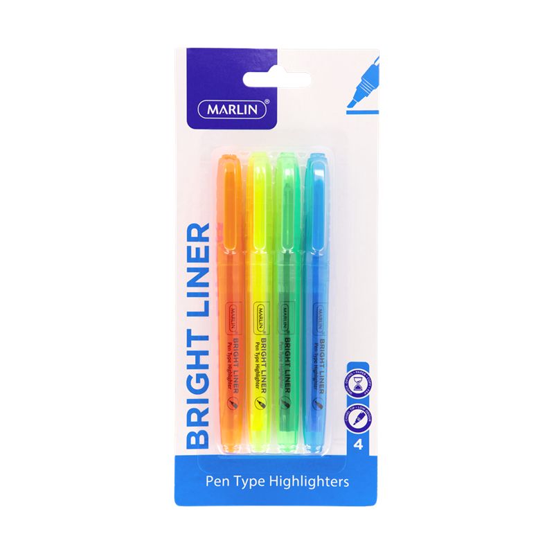 Marlin Bright Liners pen type highlighter 4's assorted colours