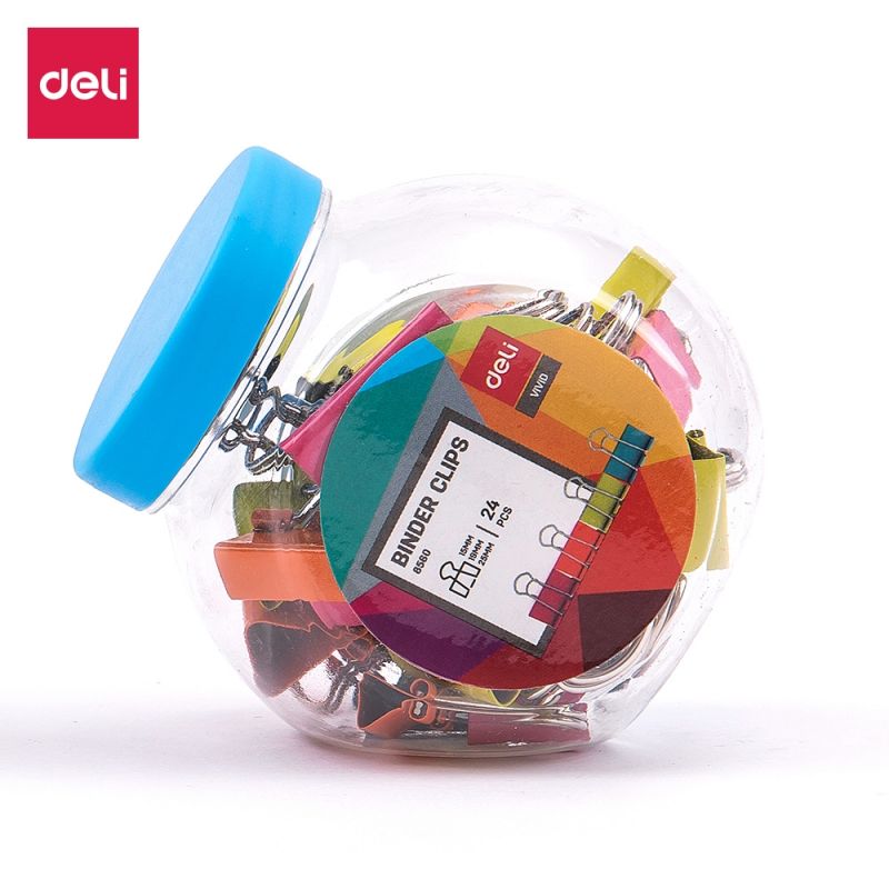 Foldback Binder Clips - 25/19/15mm (24pc) in Jar - Bright Colours - Deli