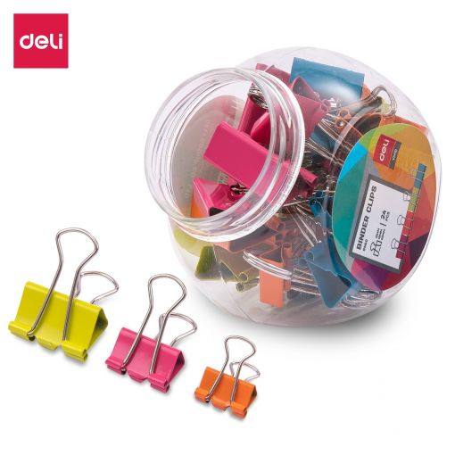 Foldback Binder Clips - 25/19/15mm (24pc) in Jar - Bright Colours - Deli