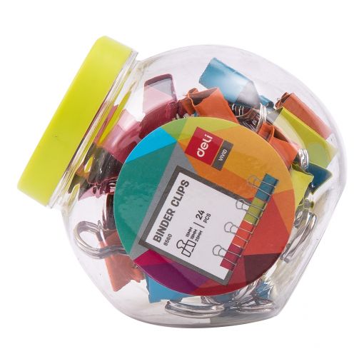 Foldback Binder Clips - 25/19/15mm (24pc) in Jar - Bright Colours - Deli