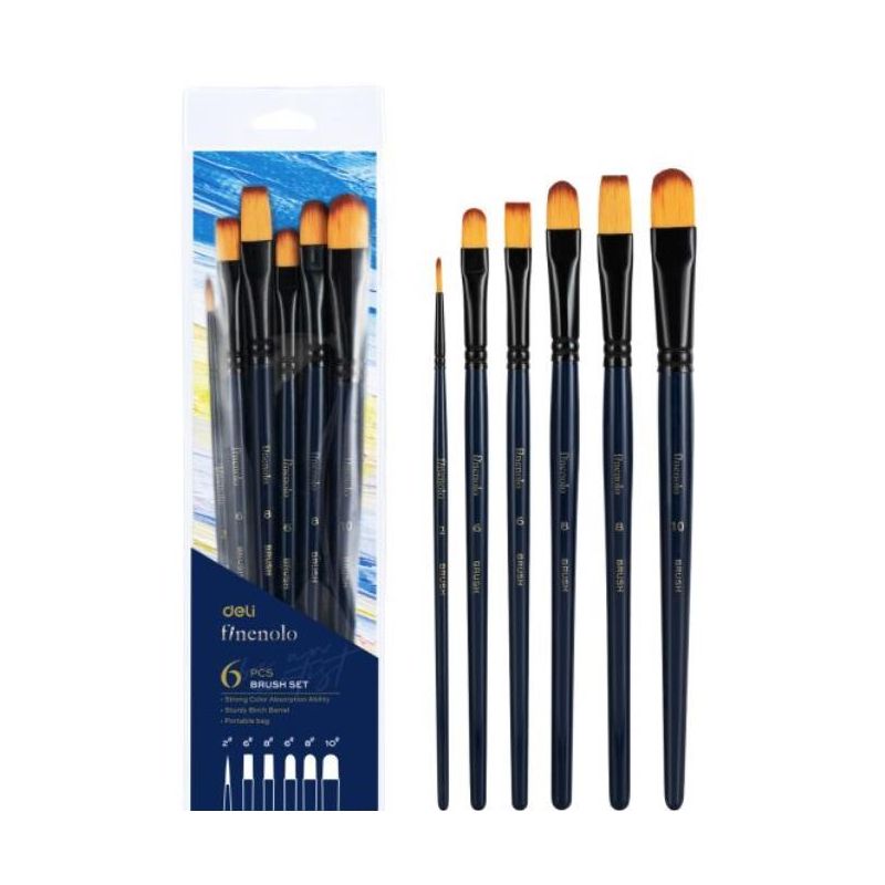 Brushes - Paint Brush Finenolo Brush Set - Acrylic 6pcs Hard Nylon Aluminium Ferrule - Deli