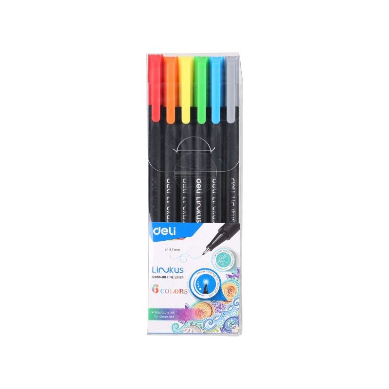Coloured Pens - Fine Liner Tip 0.45mm (6pc) - Deli