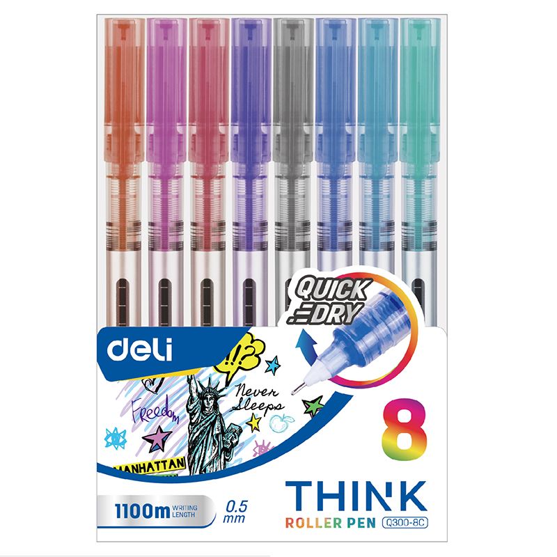 Pen - Gel - Assorted Colours (8pc) - Roller Needle Tip 0.5mm  - Deli
