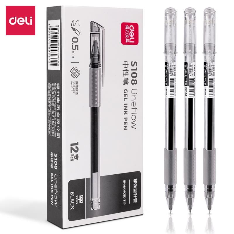 Pen - Gel - Black - Needle Tip 0.5mm (12pc) with Grip - Deli