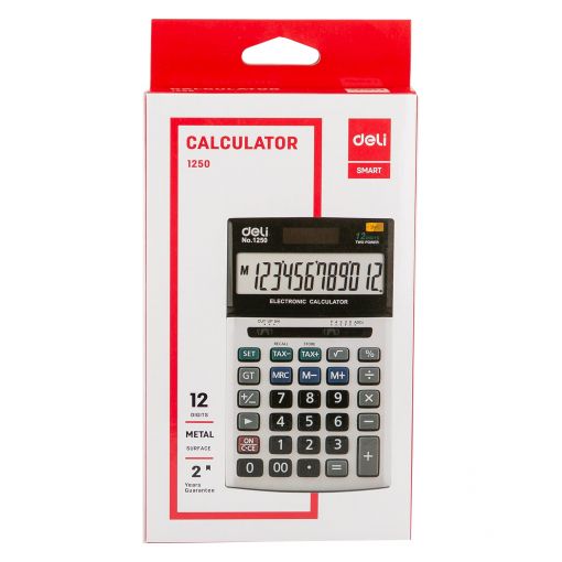Calculator 12 Digits With Tax Rate Metal 18L x 10.7B x 2.8H cm Silver  - Deli
