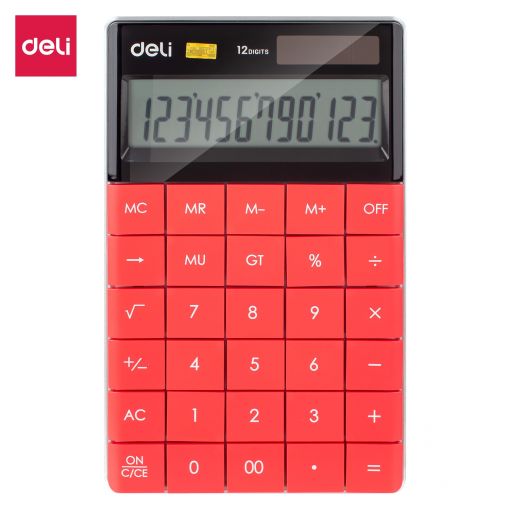 Calculator Plastic.12 Digits Dual Power 165.3x103.2x14.7mm Red - Deli