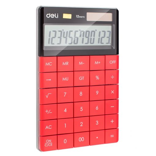 Calculator Plastic.12 Digits Dual Power 165.3x103.2x14.7mm Red - Deli