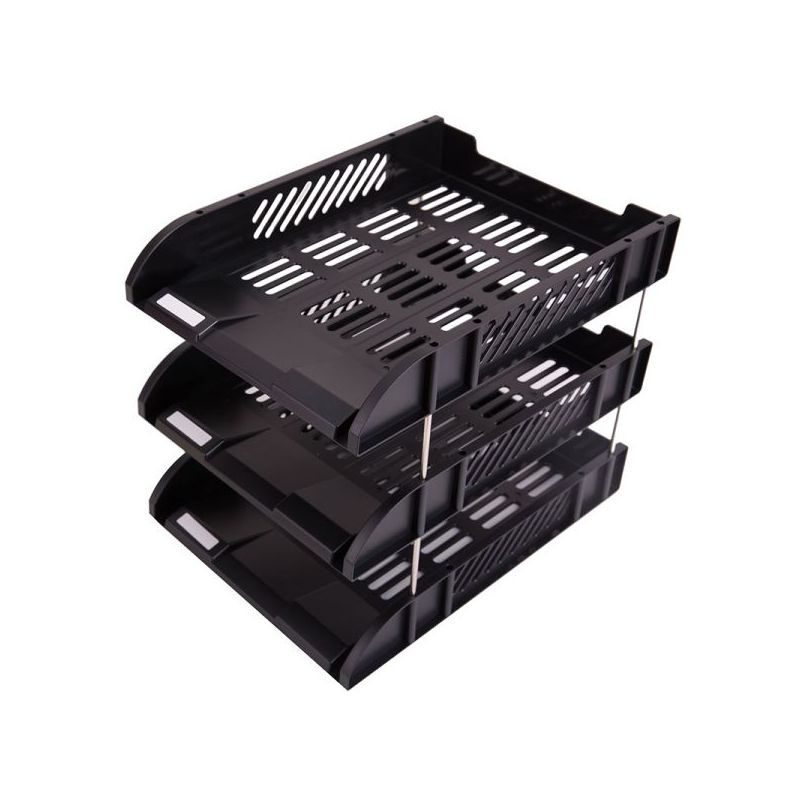File Tray 3 Tier Plastic with metal connecting rods 258x330x109mm Black - Deli