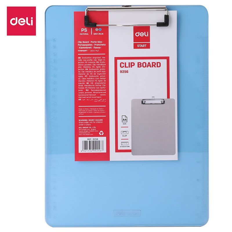 ClipBoard TRANSPARENT Stainless Clip A4 Blue or Grey - Deli