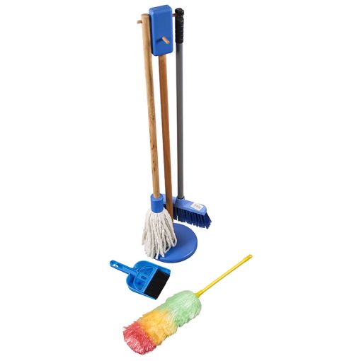 Cleaning Play Set on Stand (Broom, Duster, Dustpan, Mop)