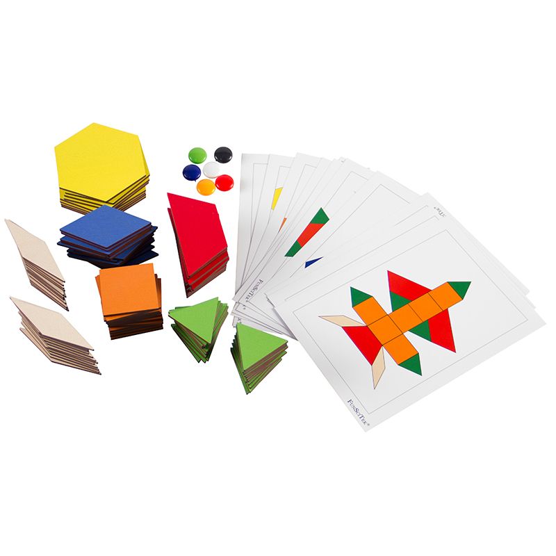 Pattern Blocks 6-shape 6-colour - Wood Med Magnetic (98pc) & Cards (A5 24pc)