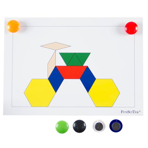 Pattern Blocks 6-shape 6-colour - Wood Med Magnetic (98pc) & Cards (A5 24pc)