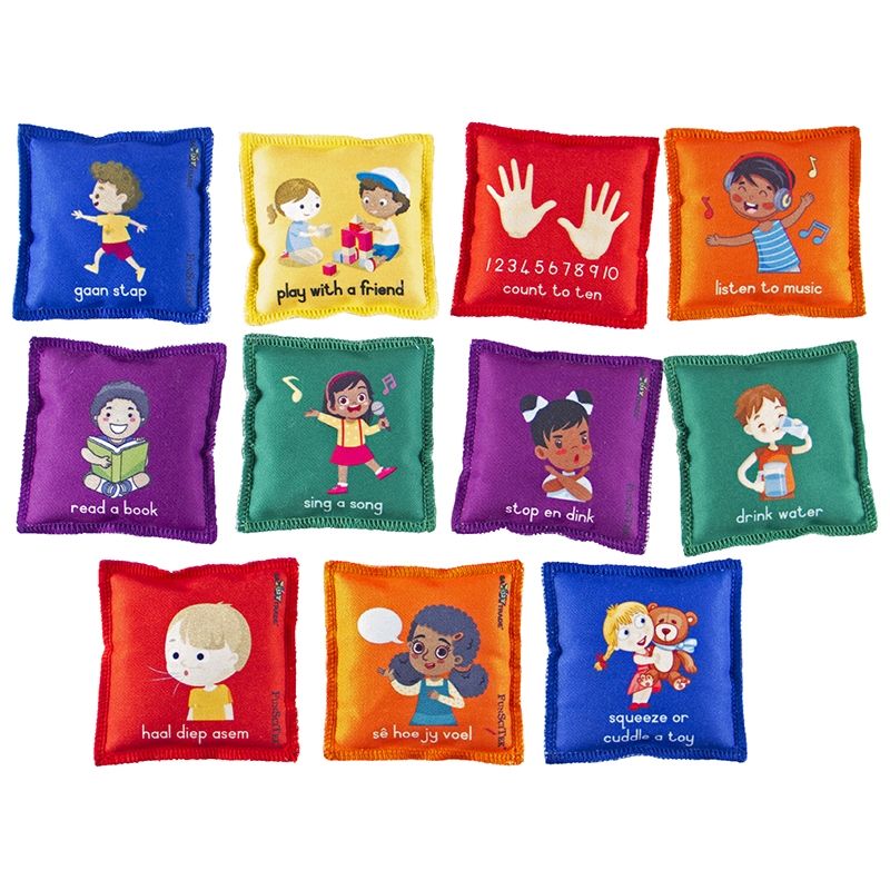 Bean Bags (11cm) - Printed Calm Down Choices D/S (12pc) in Drawstring Bag - English/Afrikaans