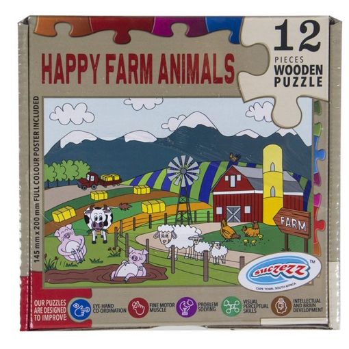 puzzle wood 12pc | happy farm animals | satoytrade