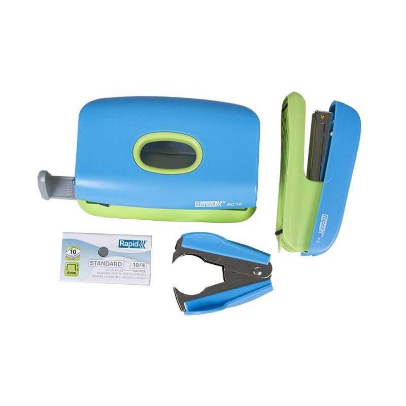 Rapid Mini F5 Set Blue & Green (Stapler, Punch, Stapler Remover, 1000 Staples)