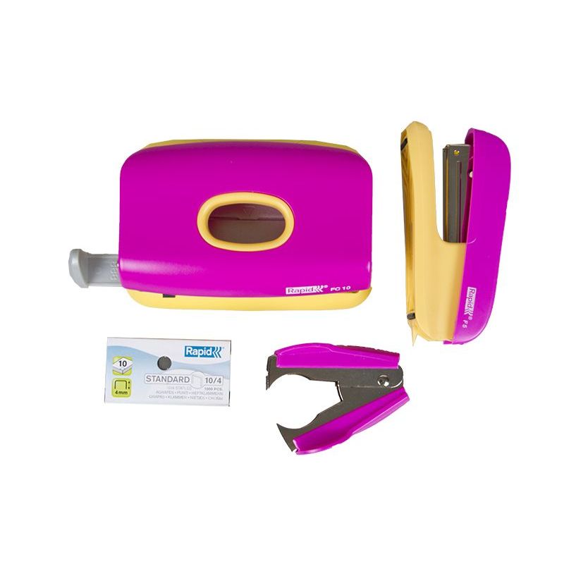 Rapid Mini F5 Set Pink & Yellow (Stapler, Punch, Stapler Remover, 1000 Staples)