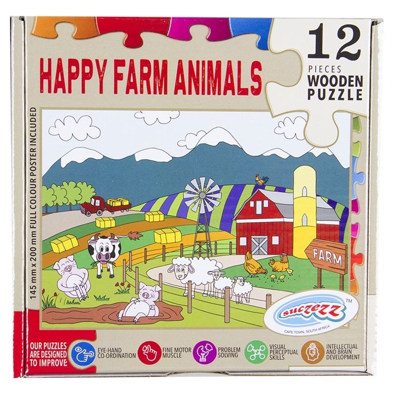 puzzle wood 12pc | happy farm animals | satoytrade