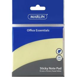 Marlin Office Essentials Sticky Note pad 76 x 76mm 100 sheets Pastel Yellow