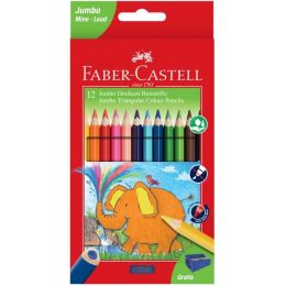 Colour Pencils - Triangular 9.5mm (12pc) 5.4mm core & Jumbo Sharpener.  FaberCastell