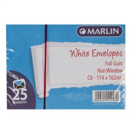 Marlin Envelopes C6 White Gum 25's