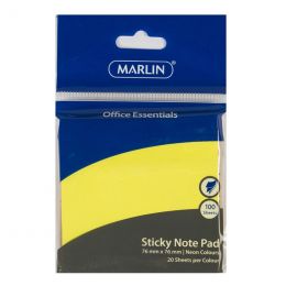 Marlin Office Essentials Sticky Note pad 76 x 76mm 100 sheets Neon colours