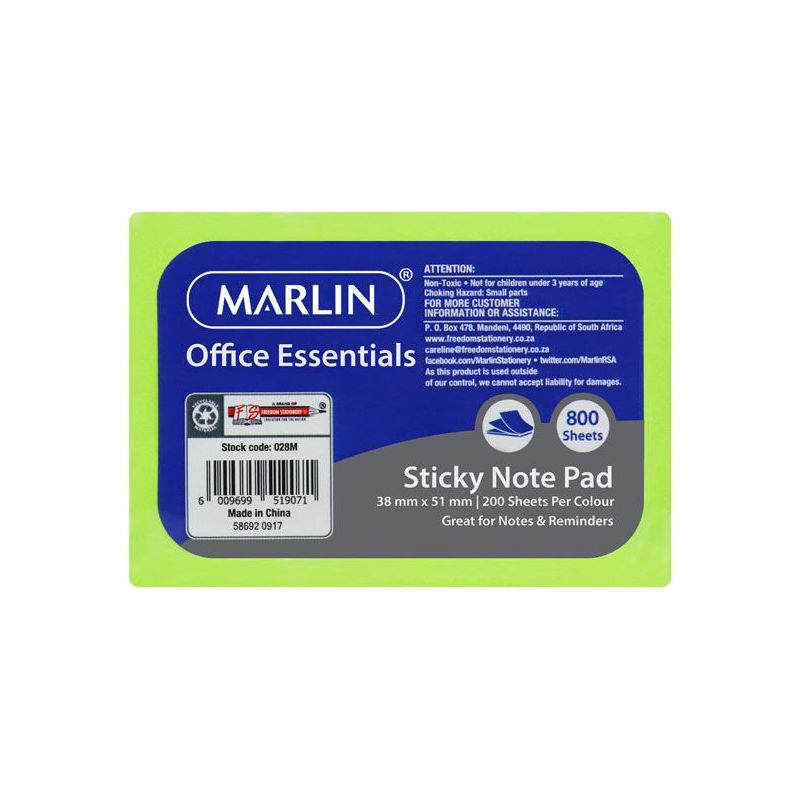 Marlin Office Essentials Sticky Note pad 38x51mm 8x100 sheets cube