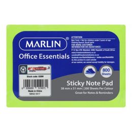 Marlin Office Essentials Sticky Note pad 38x51mm 8x100 sheets cube