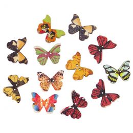 Buttons Wood - Print Butterfly ~25mm (12pc)