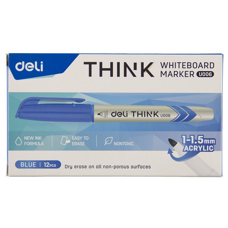 Whiteboard Marker - Slim Bullet Tip 1.5mm (12pc) - Blue  - Deli